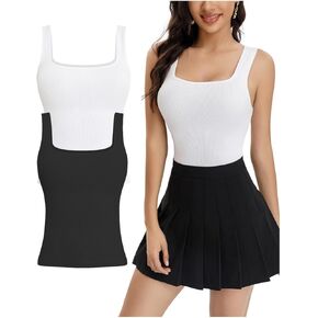 Women's 2 Piece Ribbed Square Neck Tank Tops Sleeveless Basic Casual Shirts Tummy Control Athletic Workout Top