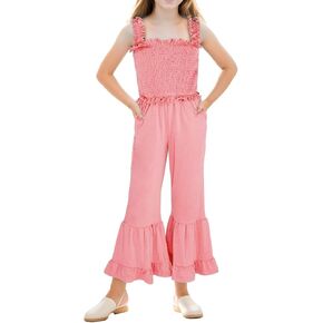 JiAmy Girl Rompers, Kids Casual Jumpsuits, Sleeveless Puffy Flare Outsuit with Pockets Size for 5-12 Years