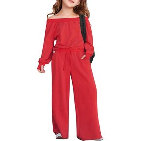 بذلة كاجوال للفتيات من Haloumoning بأكمام طويلة مكشوفة الأكتاف وواسعة الساق فضفاضة مع جيوب من 5 إلى 14 سنة in Kuwait