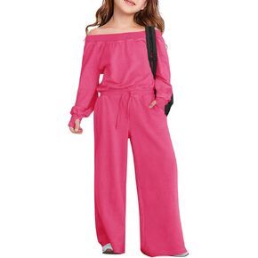 Haloumoning Girls Casual Jumpsuits Long Sleeve Off the Shoulder Wide Leg Loose Rompers with Pockets 5-14 Years