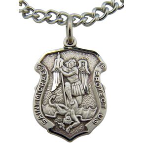 Saint Michael Protect Us Shield Shaped Medal Sterling Silver, 13/16 Inch