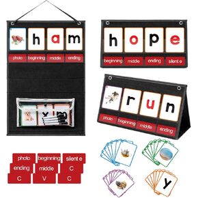 CVC Word Builder Desktop Pocket Chart with 107 Cards, Kids Word Builder Games for CVC CVCC CCVC Learning Reading Spelling Early Education Tool for Preschool Kindergarten Classroom.