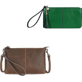 befen Vintage Brown Small Wristlet Crossbody Clutch Purse with Kelly Green Tassel Wristlet Clutch Organizer Purses