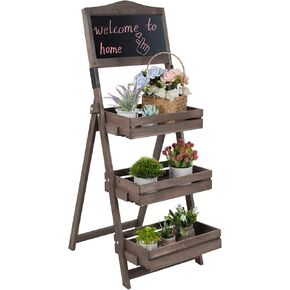 Decorative Wooden Chalkboard Display: Chalkboard Stand with 3 Display Shelves, Free Standing, Wooden Chalkboard Easel for Plants and Fruits, Brown 14.9x19.7x41.7inch