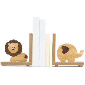 2 Pcs Safari Animal Wooden Bookends Nursery Decor for Kids Girl Baby Lion Elephant Animal Bookends Decor for Kid Childrens Bedroom Home Nursery