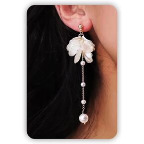 SmileBelle Pearl Earrings For Women, Ear Climbers Earrings For Women White Flower Drop Jewelry, Freshwater Pearl Bridal Jewelry As Summer Tassel Accessories for Wedding Gifts