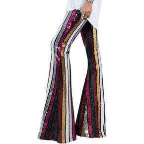 EVALESS Women Sequin Pants Sparkly Glitter High Waisted Wide Leg Flare Trousers Bell Bottom Night Out Clubwear