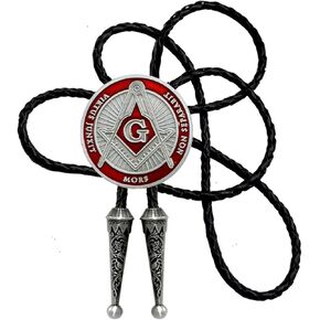Moranse Bolo Tie with Masonic Monogram Symbol Design Style Western Cowboy Genuine and Cowhide Rope