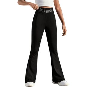 OYOANGLE Girl's Rhinestone Letter Flare Leg Pants Elastic High Waist Workout Sports Trousers
