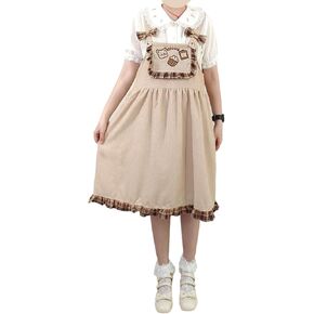 Cute Corduroy Overall Dress for Teen Girls Pinafore Short Kawaii Bear Sleeveless Casual Ruffled Suspender Dresses
