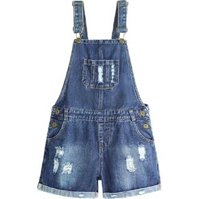 KIDSCOOL SPACE Little Big Girls Denim Overall Shorts,Boys Elastic Waistband Inside Ripped Jean Shortalls