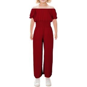 JiAmy Girls Jumpsuit Kids Casual Puffy Sleeve Romper Wide Leg Loose Rompers with Pockets 5-12 Years in Kuwait