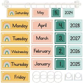EAMAY Classroom Boho Rainbow Flip Calendar Chart Set wtih 55 Cards and Hanging Rod, Colorful Classroom Decor for Teacher Supplies Must Haves!
