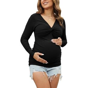 Women's Maternity Shirts V Neck Twist Knot Front Maternity Tops Long Sleeve Pregnancy Tee Shirts