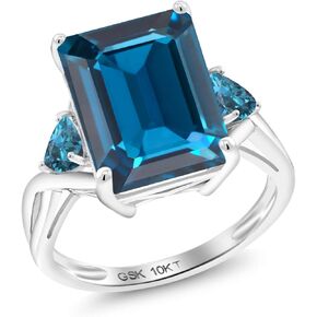 Gem Stone King 10K White Gold London Blue Topaz 3 Stone Engagement Ring For Women (10.02 Cttw, Emerald Cut 14X10MM, Trillion 4MM, Available in Size 5,6,7,8,9)
