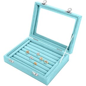 Basuwell Earring Storage 7 Slots Velvet Jewelry Tray for Drawers Glass Clear Lid Showcase Display Ring Organizer Earring Ring Trays Holder Cufflink Showcase-Grey