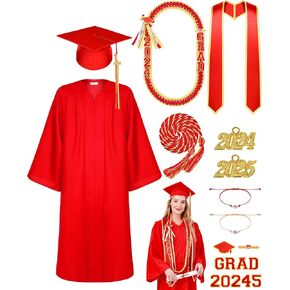 Matte Graduation Gown Cap Tassel Set with 2024 Tassel Stole Graduation Lei Bracelet for High School and Bachelor