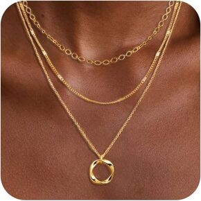 Layered Gold Necklaces for Women, 14k Gold Plated Stackable Stack Choker Necklaces for Women Trendy Layering Circle Pendant Chain Necklace Set Jewelry for Women