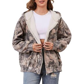 Womens Camo Zip Up Hoodie Long Sleeve Maple Leaf Print Oversized Hooded Jacket Fleece Full Zip Sweatshirt with Pockets