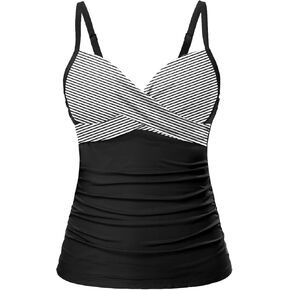 Tempt Me Women’s Black Stripe Underwire Tankini Top Tummy Control Swim Tops Only Twist Front Push Up Bathing Suit No Bottom L