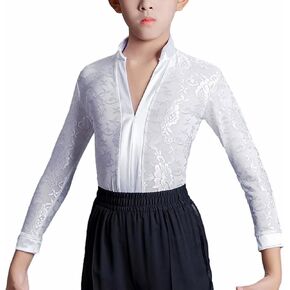 Kids Boys Floral Lace Mesh Latin Modern Dance Shirt Tops Leotard Salsa Tango Ballroom Dancewear V-Neck Bodysuit