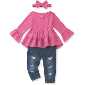 Toddler Girl Clothes Long Sleeve Ruffle Dress Top and Jeans Pants Toddler Girl Fall Outfits in Saudi Arabia