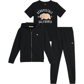 طقم بدلة رياضية للأولاد من AEROPOSTALE - سويت شيرت بغطاء للرأس من الصوف بسحاب مكون من 3 قطع، وبنطال رياضي للركض، وتي شيرت (4-16)