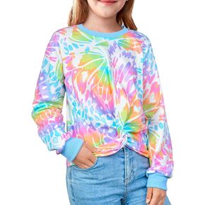 Girls Twist Front Long Sleeve Shirts for 8-12 Years Cute Tie Dye Sweatshirt Preppy Crewneck Crop Top Pullover