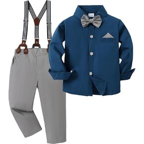 DISAUR Baby Boy Clothes Suits, Toddler Dress Shirt With Bowtie + Suspender Pants Outfit Sets Gentleman Wedding 1-6 Years