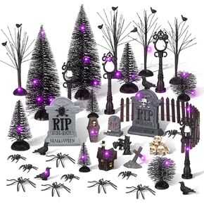 Halloween Village Accessories Ornaments Set Bare Branches Bottle Brush Trees Halloween Night Street Lamps Figurine Set with LED String Lights for Party Decor(Skeleton,33 Pcs)