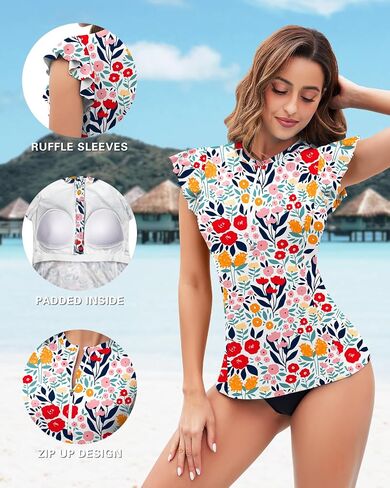 WOWENY Womens Padded Rash Guard Short Sleeve Swim Shirts 1/4 Zip UPF 50 Sun Protection Swimsuit Tankini Bathing Suit Top in Saudi Arabia