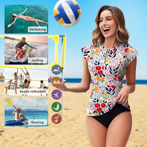 WOWENY Womens Padded Rash Guard Short Sleeve Swim Shirts 1/4 Zip UPF 50 Sun Protection Swimsuit Tankini Bathing Suit Top in Saudi Arabia