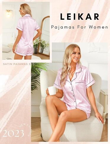 Leikar Womens Silk Summer Pajamas Shorts Set Floral Button Down Pjs Satin Loungewear Soft Sleepwear in Kuwait