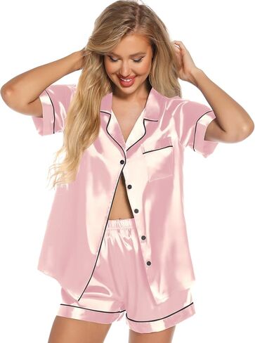 Leikar Womens Silk Summer Pajamas Shorts Set Floral Button Down Pjs Satin Loungewear Soft Sleepwear in Kuwait