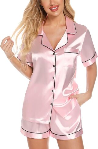 Leikar Womens Silk Summer Pajamas Shorts Set Floral Button Down Pjs Satin Loungewear Soft Sleepwear in Kuwait