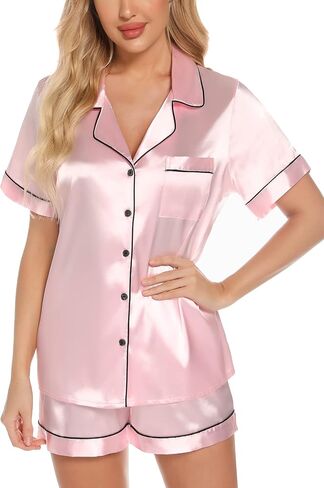 Leikar Womens Silk Summer Pajamas Shorts Set Floral Button Down Pjs Satin Loungewear Soft Sleepwear in Kuwait