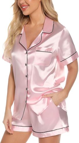 Leikar Womens Silk Summer Pajamas Shorts Set Floral Button Down Pjs Satin Loungewear Soft Sleepwear in Kuwait
