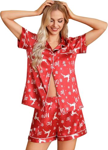 Leikar Womens Silk Summer Pajamas Shorts Set Floral Button Down Pjs Satin Loungewear Soft Sleepwear in Kuwait