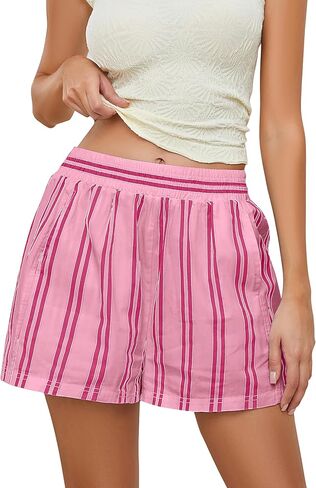 MISSACTIVER Women Striped Boxer Shorts Elastic High Rise Pajama Bottoms Casual Lounge Shorts with Pockets Sleepwear in Kuwait
