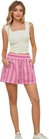 MISSACTIVER Women Striped Boxer Shorts Elastic High Rise Pajama Bottoms Casual Lounge Shorts with Pockets Sleepwear in Kuwait