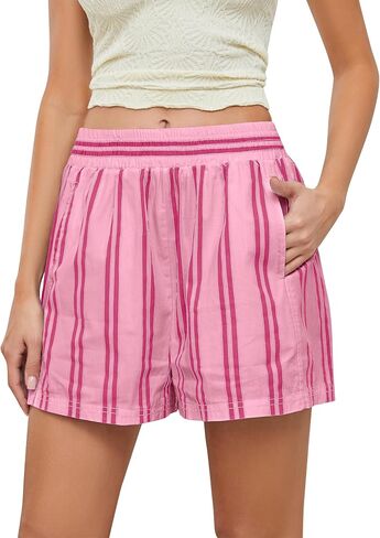 MISSACTIVER Women Striped Boxer Shorts Elastic High Rise Pajama Bottoms Casual Lounge Shorts with Pockets Sleepwear in Kuwait