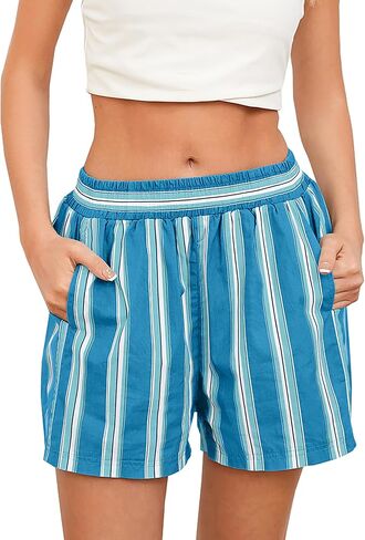 MISSACTIVER Women Striped Boxer Shorts Elastic High Rise Pajama Bottoms Casual Lounge Shorts with Pockets Sleepwear in Kuwait