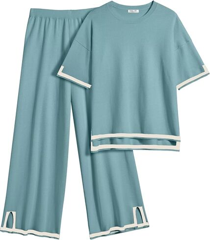 Ekouaer Lounge Set for Women Travel Outfits 2 Piece Sets Short Sleeve Sweater Top Wide Leg Long Pants Loungewear in Saudi Arabia