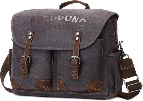 Mens Messenger Bag 15.6 Inch Vintage Waxed Canvas Genuine Leather Briefcase Leather Computer Laptop Bag Rugged Satchel Shoulder Bag Gray in Saudi Arabia