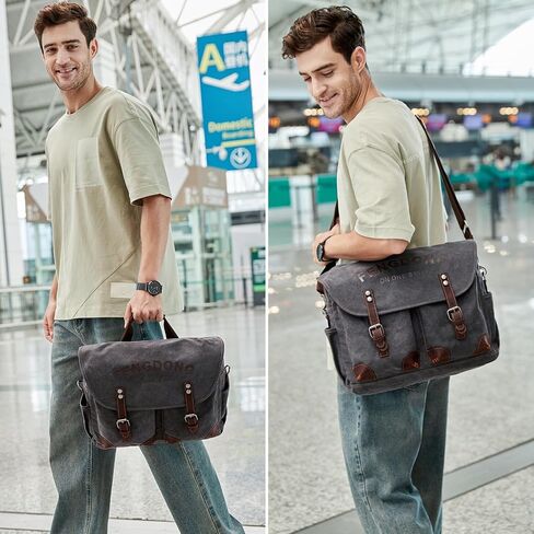 Mens Messenger Bag 15.6 Inch Vintage Waxed Canvas Genuine Leather Briefcase Leather Computer Laptop Bag Rugged Satchel Shoulder Bag Gray in Saudi Arabia