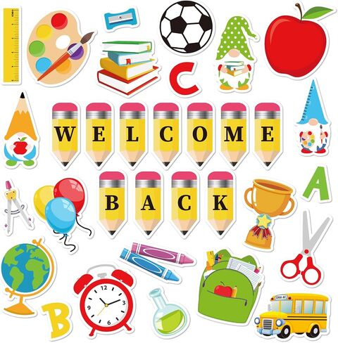 Whaline 55Pcs Back to School Bulletin Board Decoration Colorful Pencil Apple Book Assorted Cut Outs Welcome Back School Cut-Outs with Glue Points for First Day of School Classroom Decor in Saudi Arabia