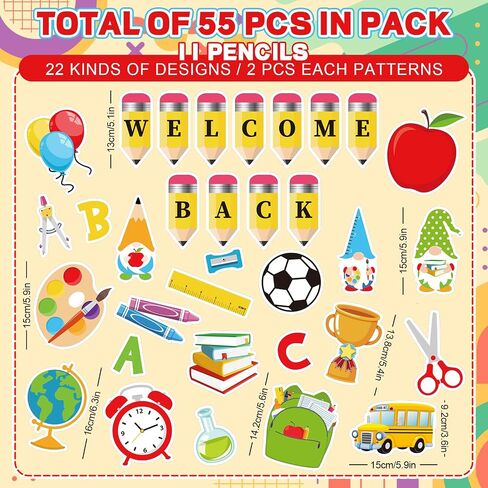 Whaline 55Pcs Back to School Bulletin Board Decoration Colorful Pencil Apple Book Assorted Cut Outs Welcome Back School Cut-Outs with Glue Points for First Day of School Classroom Decor in Saudi Arabia