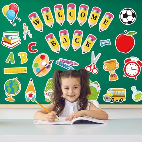 Whaline 55Pcs Back to School Bulletin Board Decoration Colorful Pencil Apple Book Assorted Cut Outs Welcome Back School Cut-Outs with Glue Points for First Day of School Classroom Decor in Saudi Arabia