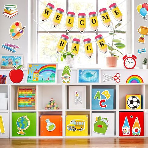 Whaline 55Pcs Back to School Bulletin Board Decoration Colorful Pencil Apple Book Assorted Cut Outs Welcome Back School Cut-Outs with Glue Points for First Day of School Classroom Decor in Saudi Arabia