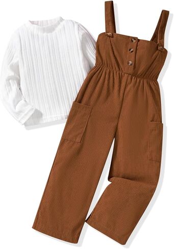 HINTINA Toddler Girl Cloth Long Sleeve Tee Corduroy Button Down Pinafore Overall Jumpsuit 2 Pieces Outfits in Saudi Arabia